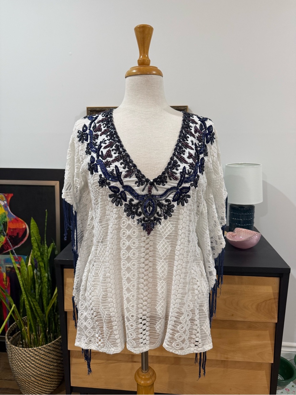 TAJ by Sabrina Crippa White Sheer Lace with Dark Blue Embroidery